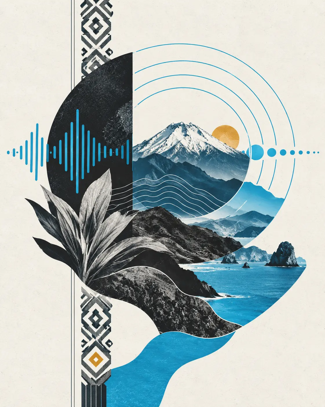 Collage editorial de paisajes, ondas sonoras y memoria cultural del Ecuador